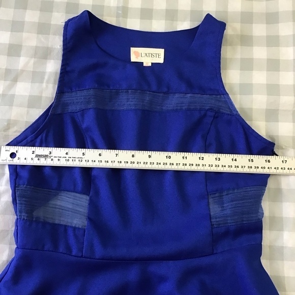 L’atiste by Amy cerulean blue dress fit&flare open back sleeveless sheer medium - Picture 11 of 15